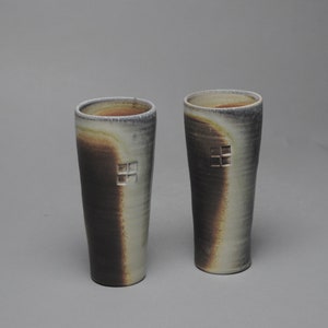 Handmade Wood Fired Porcelain Tumblers, Stamped Window Design, Set of Two