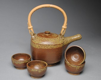 Clay Tea Set 4 Bowls with Bamboo Handle C50