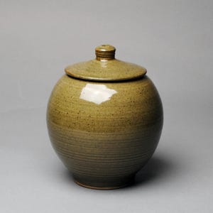 May include: A round, lidded ceramic jar in shades of olive green and brown. The jar has a textured surface with horizontal ridges around the base. The lid has a small knob on top. The jar is likely used for storage.