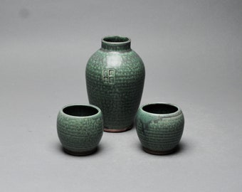 Sake Whiskey  Set  with Two Cups Copper Green W 45