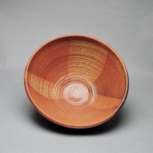 May include: A handmade ceramic bowl with a warm, earthy color palette. The bowl features a reddish-orange exterior and interior, with visible spiral patterns. The rim has a slightly lighter hue, adding depth to the design. The bowl is suitable for serving food.