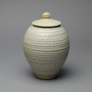 May include: A cream-colored ceramic jar with a lid. The jar has a rounded body with horizontal ridged detailing. The lid is flat with a small, textured knob. The jar is set against a neutral gray background.
