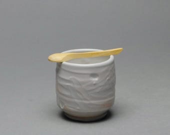 Clay Salt Cellar Bowl White  with Wood Spoon Y 11 Housewarming Gift