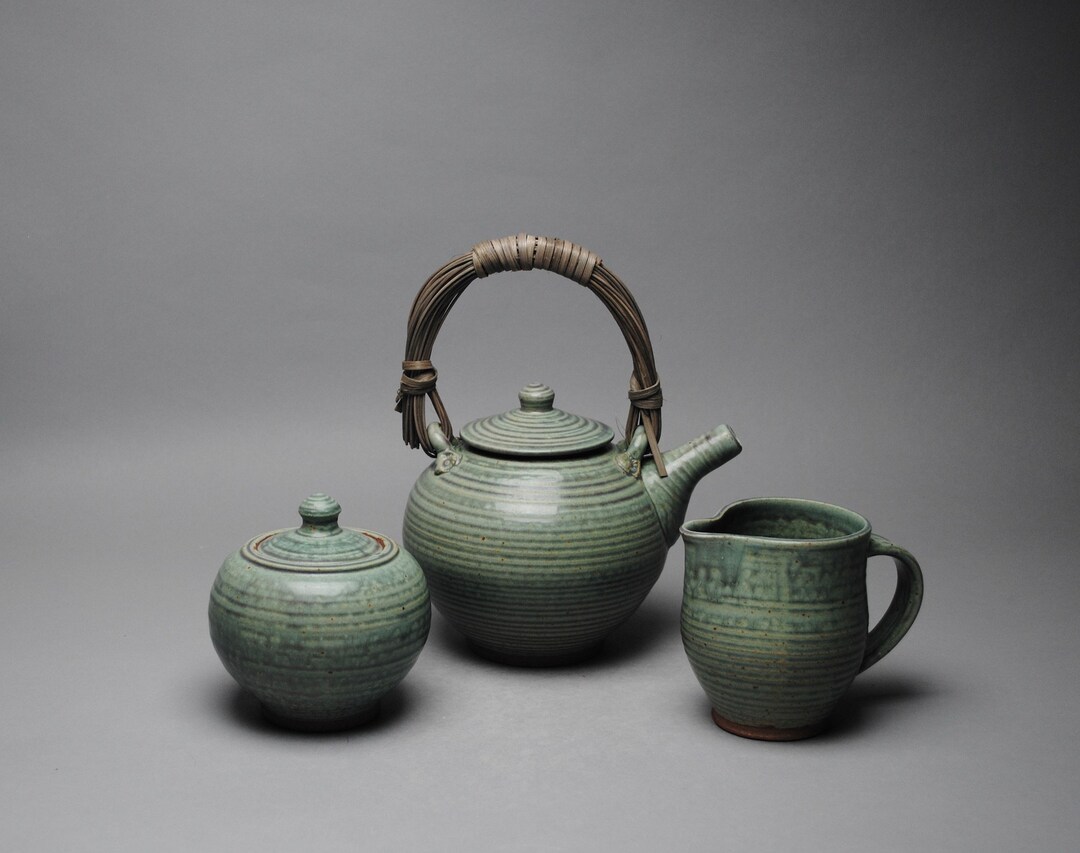 Clay Teapot Set With Cane Handle W 39 Etsy
