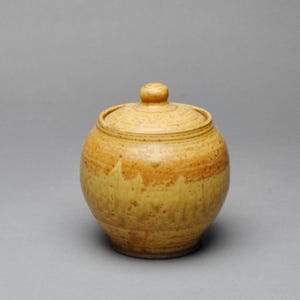 May include: A round, lidded ceramic jar with a speckled, textured surface. The jar is primarily yellow with bands of brown and orange. The lid has a small, rounded knob. The jar is likely handmade and suitable for kitchen storage.