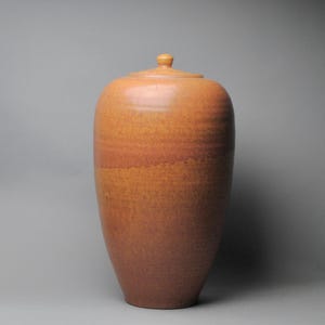 May include: A large, brown ceramic jar with a lid. The jar has a smooth, slightly textured surface and a rounded shape.