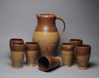 Pitcher Set with Seven Tumblers Rust red and Green Ash R 67