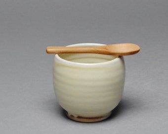 Clay Salt Cellar Bowl Butter Yellow with Wood Spoon W 93