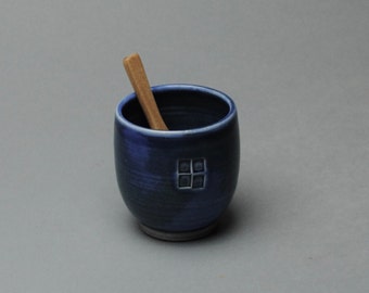 Clay Salt Cellar Bowl Blue with Wood Spoon V 46