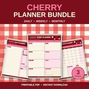 Puede incluir: Un paquete de planificadores Cherry con tres páginas imprimibles tituladas Cherry Day Planner, Cherry Week Planner y Month Planner. Los diseños usan tonos rojos y rosas con ilustraciones de cerezas, cuadrículas y una insignia de 3 páginas.