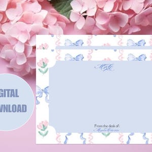Hydrangea & Bow Monogram Notecard | Southern Printable Stationery | Grandmillennial Digital Download | From the Desk Of | Personalized Note