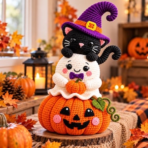 Può includere: Una decorazione all'uncinetto impilata composta da una grande base a forma di zucca arancione, un fantasma bianco che tiene una piccola zucca arancione e un gatto nero con un cappello da strega viola e fascia arancione.