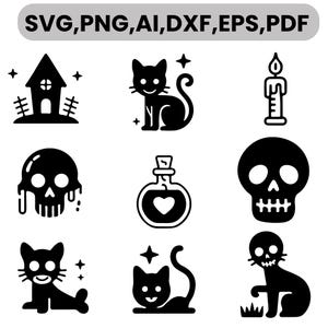 Puede incluir: Una colección de nueve iconos negros que incluyen una casa encantada, gatos, una vela, calaveras y una botella con un corazón. El texto SVG, PNG, AI, DXF, EPS, PDF aparece en la parte superior. Estos elementos gráficos están en cuadrícula.