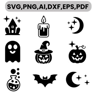 Könnte beinhalten: Eine Sammlung schwarzer Halloween-Symbole, darunter ein Spukhaus, eine Kerze, eine Mondsichel, ein Geist, ein Kürbis mit Hexenhut, eine Kürbislaterne, ein Zaubertrankfläschchen, eine Fledermaus und ein Mond. Oben steht der Text SVG,PNG,AI,DXF,EPS,PDF.