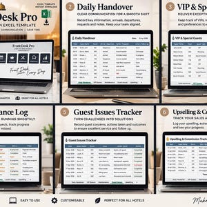 May include: Front Desk Pro hotel reception Excel template featuring six distinct dashboard views on laptop screens. The interface displays tables for daily handover, VIP guests, maintenance logs, guest issues, and upselling and commission tracking.