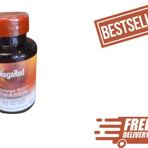 May include: A dark brown plastic bottle of MegaRed Omega-3s Fish & Krill Oil dietary supplement with a red cap. The label features a gradient orange and purple background with white text reading MegaRed, Omega-3s, and Fish & Krill Oil.