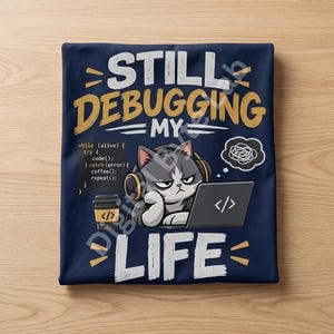 Könnte beinhalten: Ein marineblaues T-Shirt mit einer Grafik einer mürrischen Katze mit Kopfhörern, die an einem Laptop arbeitet, daneben eine Kaffeetasse. Der Text lautet STILL DEBUGGING MY LIFE, ergänzt durch einen Code-Schnipsel und eine kritzelige Gedankenblase.