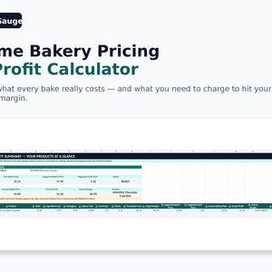 May include: A digital spreadsheet titled BakeGauge Home Bakery Pricing & Profit Calculator. The interface displays a profit summary table with columns for batch costs, unit prices, and margins, featuring text fields for product data and financial metrics.