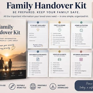 May include: A Family Handover Kit document set featuring a cover page with a sunset beach silhouette and eight organized checklist pages titled If I'm Not Available, First 24 Hours, Home & Utilities, Family Routine, Documents & Insurance, Vehicles & Assets, Recurring Obligations, and Emergency Quick Card.