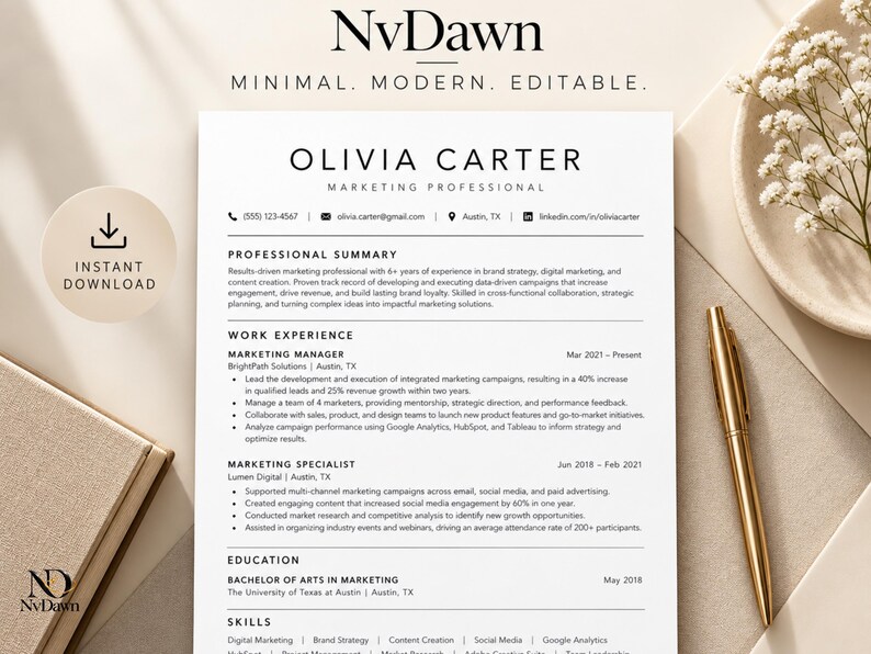 ATS Friendly Resume Template for Word & Google Docs, Editable ...