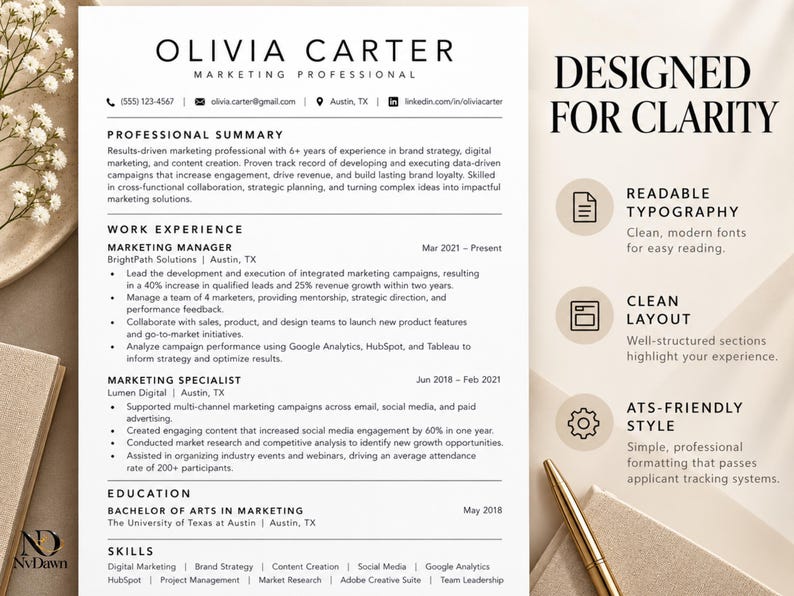 ATS Friendly Resume Template for Word & Google Docs, Editable ...