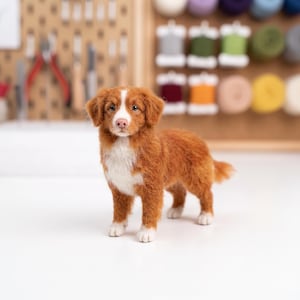 May include: A needle-felted dog figurine with rust-coloured fur, a white chest, and a white blaze on its face. The small sculpture features realistic dark eyes, a pink nose, and white paws, standing on a smooth, plain white surface.