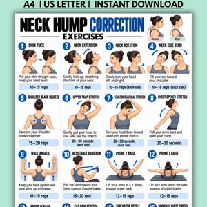 Può includere: Un poster didattico intitolato Neck Hump Correction Exercises che presenta sedici illustrazioni numerate di movimenti fisici. Il documento include etichette di testo per ogni esercizio, conteggio delle ripetizioni e un confronto prima e dopo.