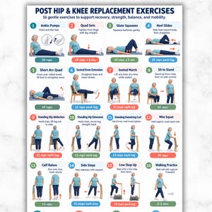 Può includere: Un poster digitale intitolato Post Hip & Knee Replacement Exercises che presenta 16 illustrazioni numerate di esercizi di fisioterapia. Il documento include istruzioni testuali per il recupero, la forza e l'equilibrio, in formato A4.