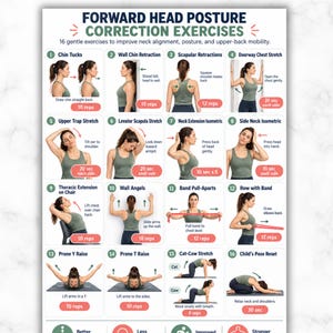 May include: A digital poster titled Forward Head Posture Correction Exercises featuring 16 numbered illustrations of a person in a green tank top performing movements like chin tucks, wall angels, and stretches with text instructions and rep counts.