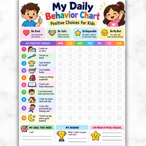May include: A colorful My Daily Behavior Chart for kids featuring illustrations of children, icons for tasks like brushing teeth and eating, and a weekly grid with star outlines. The chart includes sections for goals, rewards, and positive affirmations.