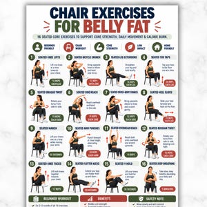 Könnte beinhalten: Ein digitales Übungsdiagramm mit dem Titel CHAIR EXERCISES FOR BELLY FAT, das 16 nummerierte Illustrationen einer Person zeigt, die sitzende Bewegungen auf einem Stuhl ausführt. Das Dokument enthält Anleitungen, Wiederholungszahlen und Hinweise.