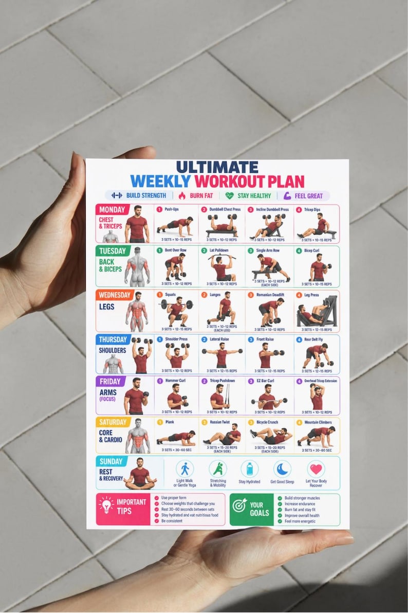 Edailt Exercise Routine Weekly Workout Plan Printable, Gym Routine Chart, Muscle Building, Fat ...