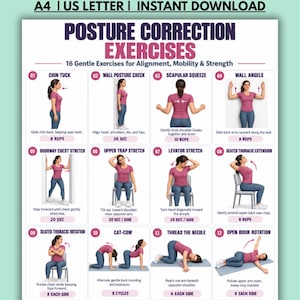 May include: A digital poster titled Posture Correction Exercises featuring 16 numbered illustrations of a person in a pink shirt and blue leggings performing various movements for alignment, mobility, and strength, with text instructions.