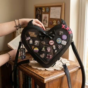 Può includere: Una borsa ita a forma di cuore nera con corna da diavolo, un fiocco nero e cuciture a croce rosa. La parte anteriore presenta una finestra trasparente riempita con varie spille smaltate, incluso il testo THEY THEM, e un piccolo ciondolo laterale.