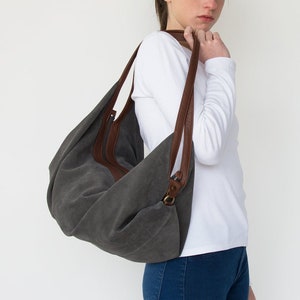 Soft suede leather bag - Slouchy hobo purse -Large women shoulder bag - Grey leather bag - Oversized slouchy hobo bag for women -Suede purse