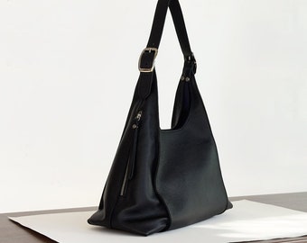 Sac fourre-tout en cuir noir - Sac à bandoulière pour femme - Cabas en cuir à brides - Sac à bandoulière souple - Sac à main fourre-tout noir - Grand sac fourre-tout minimaliste