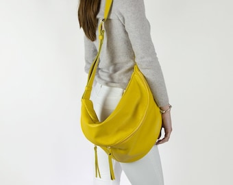 Yellow Leather Fanny Pack, Oversized Sling Crossbody Bag - Italian Large Soft Sling Purse