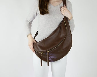 Women&#39;s Brown Leather Sling Bag , Large crossbody Fanny Pack , Slouchy Bum Bag - Oversized leather bag -Brown slouchy handbags -Gift for her