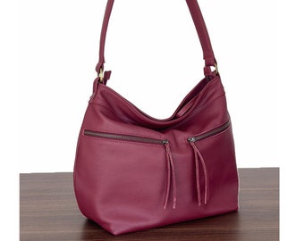 Rote Leder Hobo Bag - Umhängetasche mit Reißverschlusstaschen - Weiche Umhängetasche für Frauen