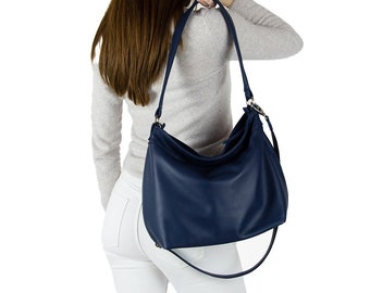 Women leather hobo bag blue, Crossbody hobo purse, Soft shoulder bag in medium size