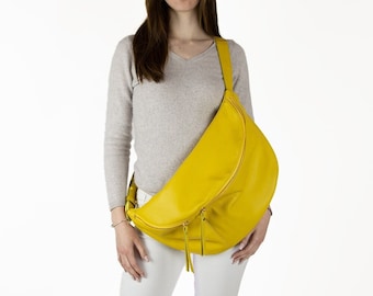 Womens Leather Sling Bag Large , Yellow Oversized Fanny Pack , Genuine Leather Bum Bag - XXL sling bags - Yellow leather bag - Slouchy sling