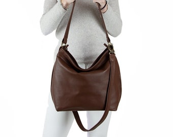 Brown Leather hobo crossbody purse- Slouchy women shoulder bag - Soft handbag crossbody with zipper -Brown Medium hobo bag - Gift for wife