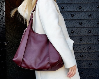 Leather hobo bag - Slouchy hobo purse with exterior zipper - Women's leather shoulder bag - Soft and slouchy handbags - Burgundy leather bag