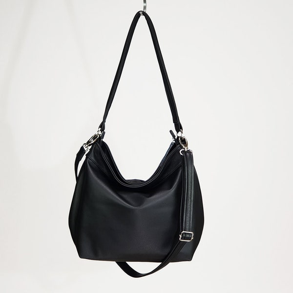 Black leather hobo bag in soft leather for women - Crossbody hobo purse - MEDIUM HELEN