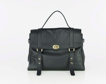 Black leather messenger bag - Leather satchel - Laptop messenger bag - Leather Briefcase - MELINA bag