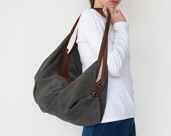 Soft suede leather bag - Slouchy hobo purse - Large women shoulder bag - Grey leather bag - DeLuna in grey suede