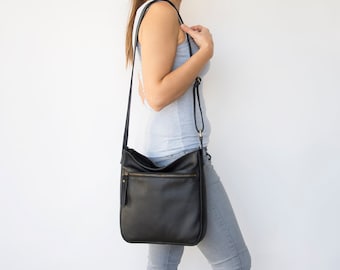 Black crossbody bag for women in genuine leather - Large crossbody purse - Soft shoulder bag - STELLA