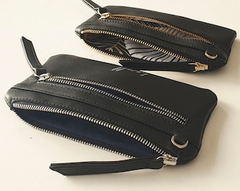 Cartera porta teléfono para mujer con doble cremallera - Cartera de mano negra personalizada - Cartera tipo sobre con pulsera - Carteras hechas a mano - Regálale