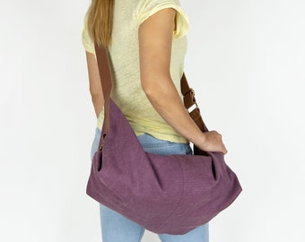 Crossover large canvas bag - Slouchy hobo purse with strap and leather details - Convertible women hobo bag - Large canvas bag crossbody