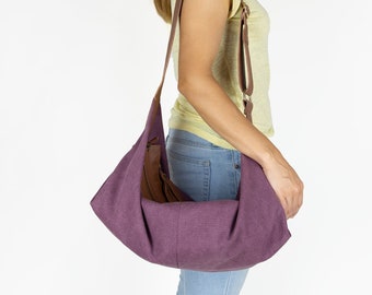 Large canvas hobo bag - Slouchy crossbody bag with leather - Shoulder hobo purse with zipper outside